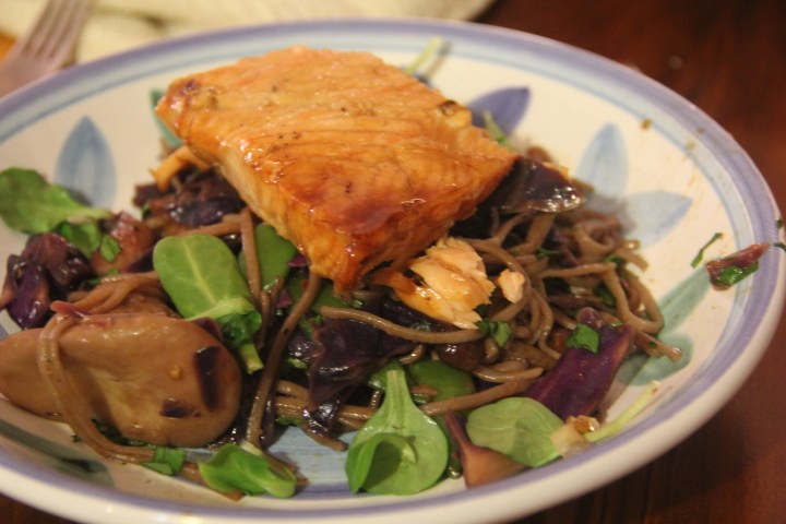 Buckwheat Soba Veggie Stir Fry  topped with Wild&nbsp;Salmon